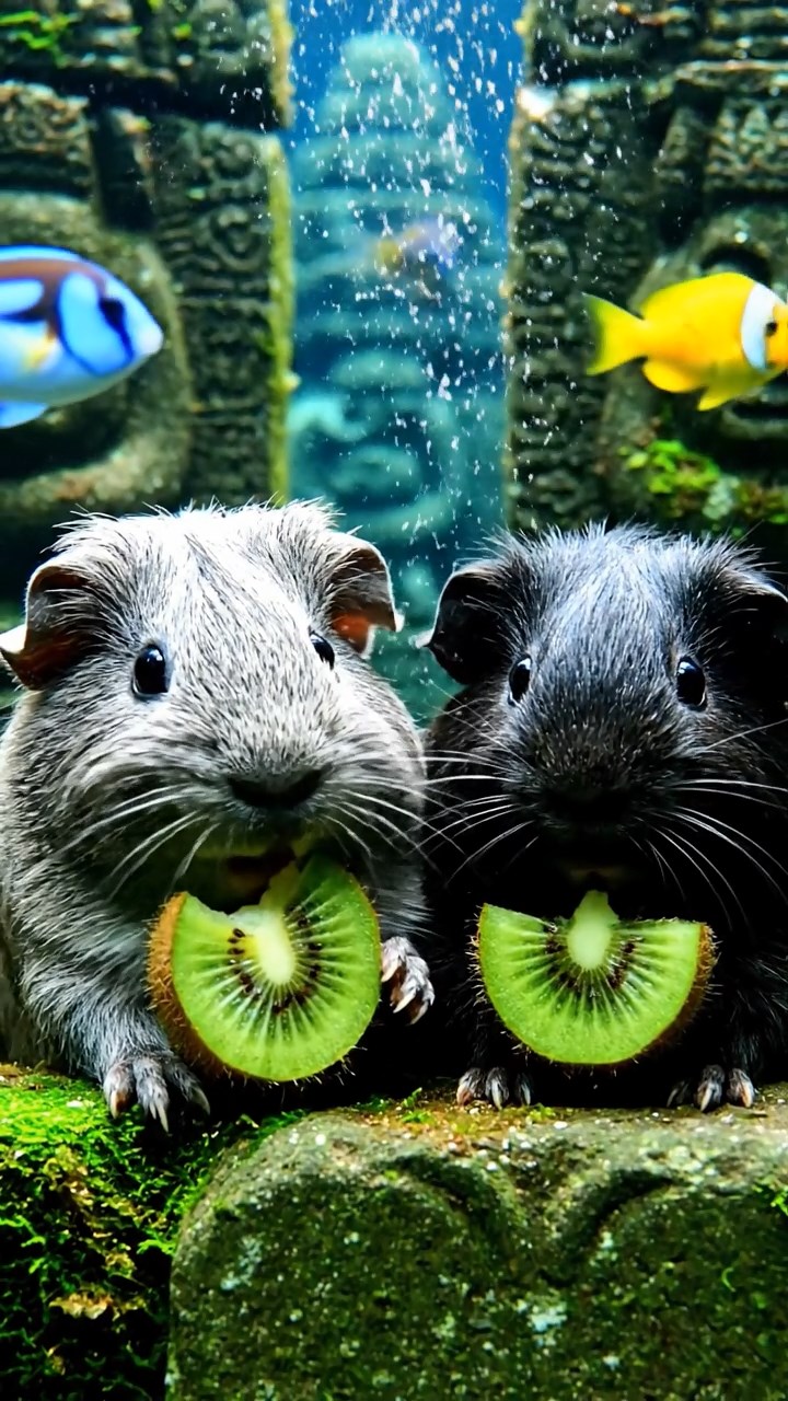1395. Detailed photo of 2 smooth-haired Teddy guinea pigs in gray and black colors, nibbling on kiwi slices, in a ancient submerged temple with fish swimming.
