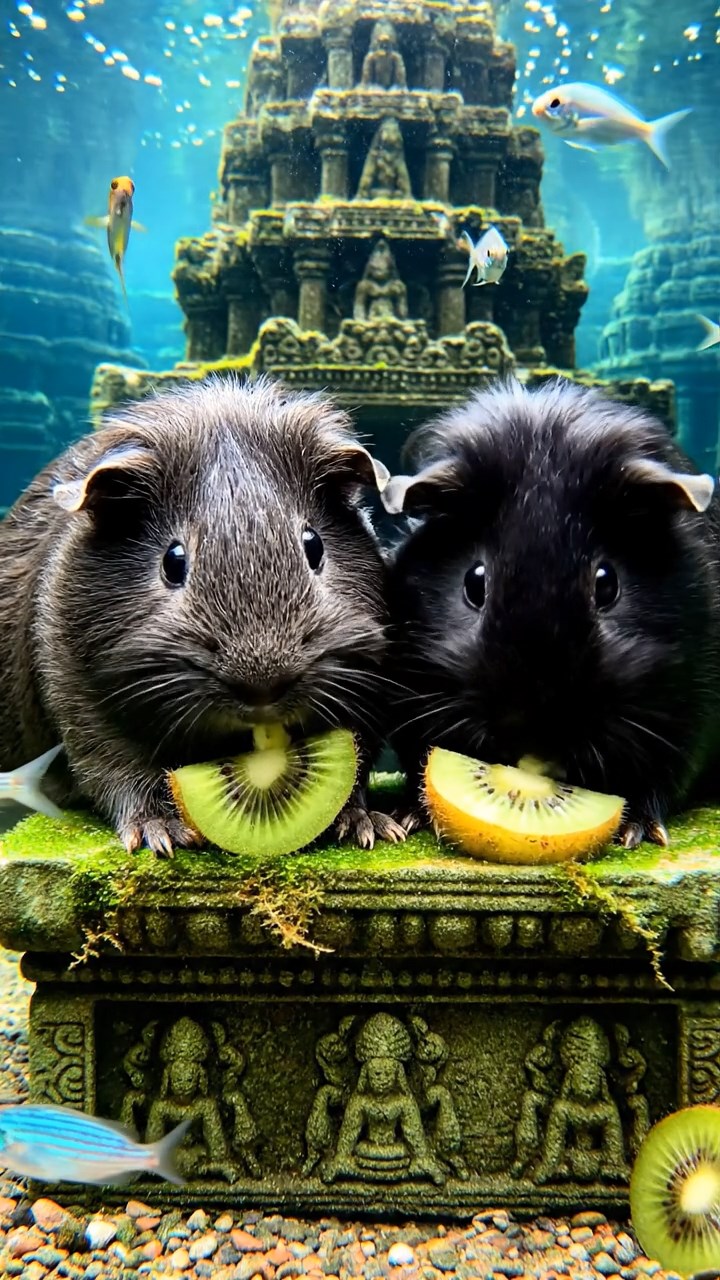 1395. Detailed photo of 2 smooth-haired Teddy guinea pigs in gray and black colors, nibbling on kiwi slices, in a ancient submerged temple with fish swimming.