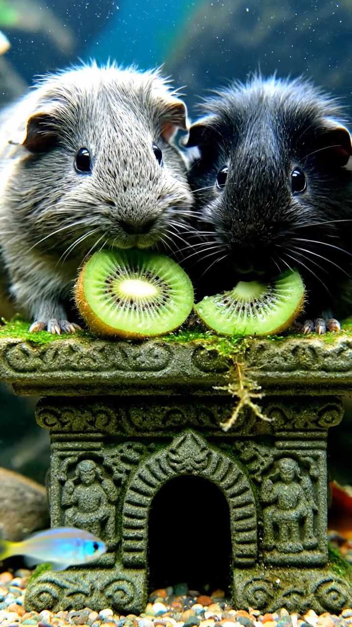 1395. Detailed photo of 2 smooth-haired Teddy guinea pigs in gray and black colors, nibbling on kiwi slices, in a ancient submerged temple with fish swimming.