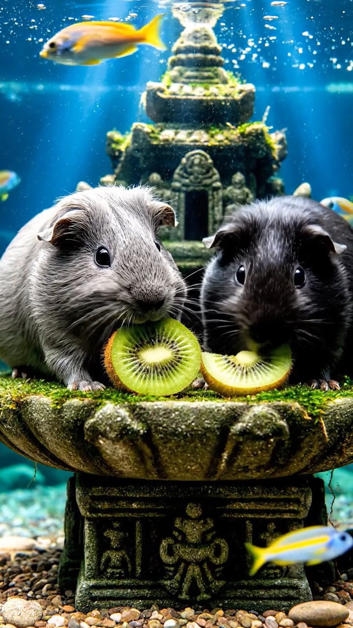 1395. Detailed photo of 2 smooth-haired Teddy guinea pigs in gray and black colors, nibbling on kiwi slices, in a ancient submerged temple with fish swimming.