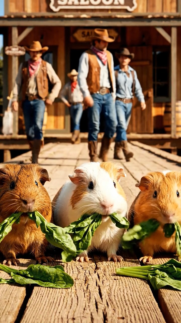 1396. Photorealistic image of 3 smooth-haired Texel guinea pigs with brown, cream, and fawn fur, chewing on spinach bunches, on a frontier town boardwalk with cowboys.