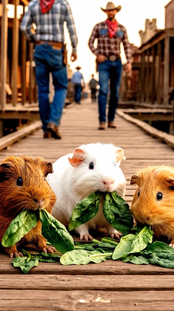1396. Photorealistic image of 3 smooth-haired Texel guinea pigs with brown, cream, and fawn fur, chewing on spinach bunches, on a frontier town boardwalk with cowboys.