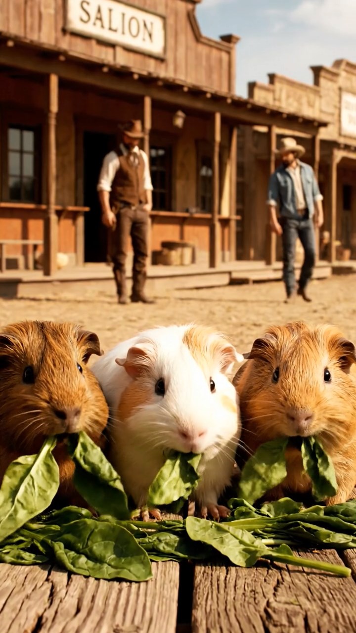 1396. Photorealistic image of 3 smooth-haired Texel guinea pigs with brown, cream, and fawn fur, chewing on spinach bunches, on a frontier town boardwalk with cowboys.