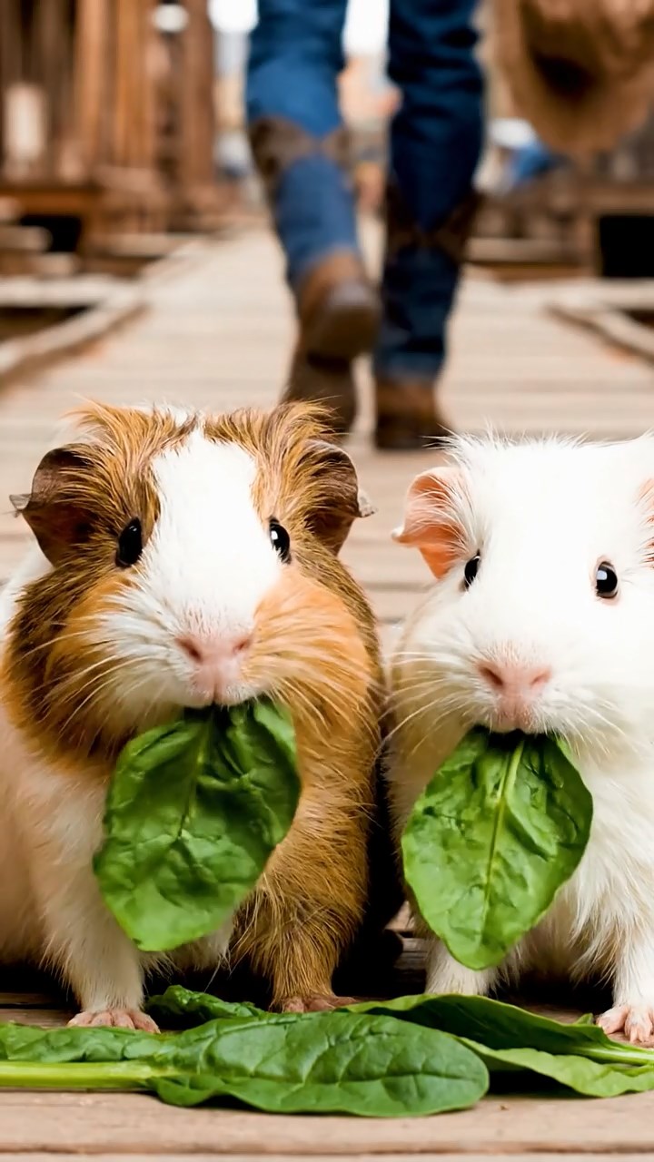 1396. Photorealistic image of 3 smooth-haired Texel guinea pigs with brown, cream, and fawn fur, chewing on spinach bunches, on a frontier town boardwalk with cowboys.
