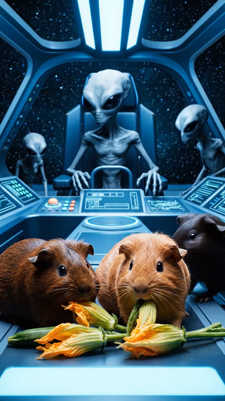 1397. Realistic scene of 5 smooth-haired Rex guinea pigs featuring chocolate, cinnamon, and sable coats, sharing zucchini flowers, inside a spaceship cockpit with aliens.