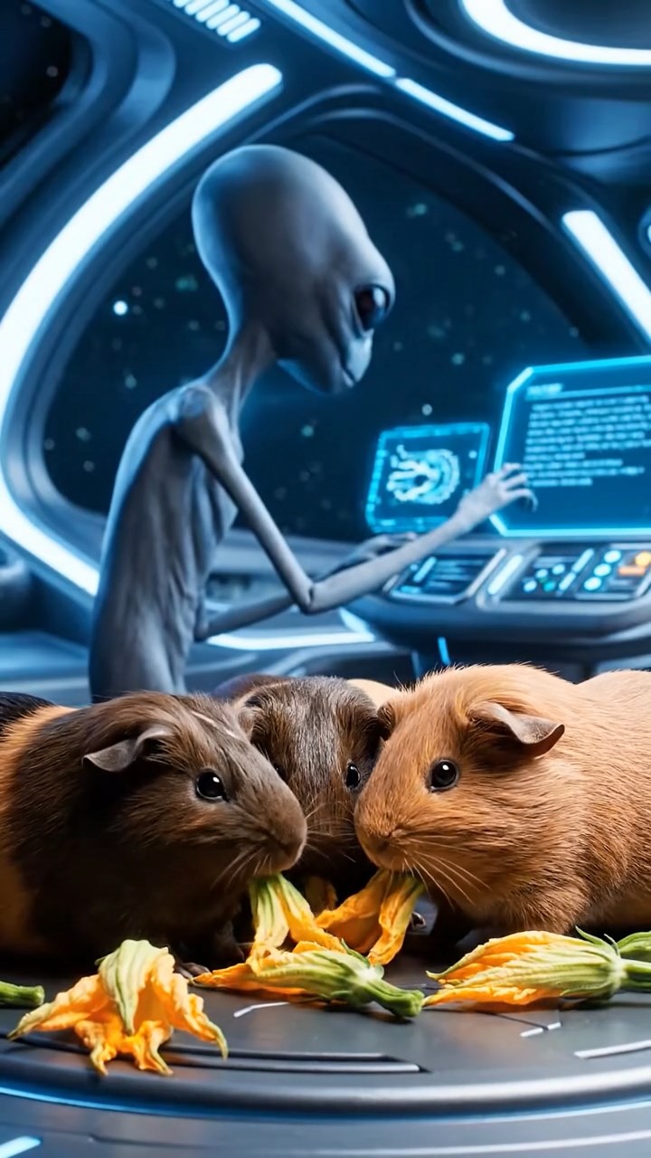 1397. Realistic scene of 5 smooth-haired Rex guinea pigs featuring chocolate, cinnamon, and sable coats, sharing zucchini flowers, inside a spaceship cockpit with aliens.