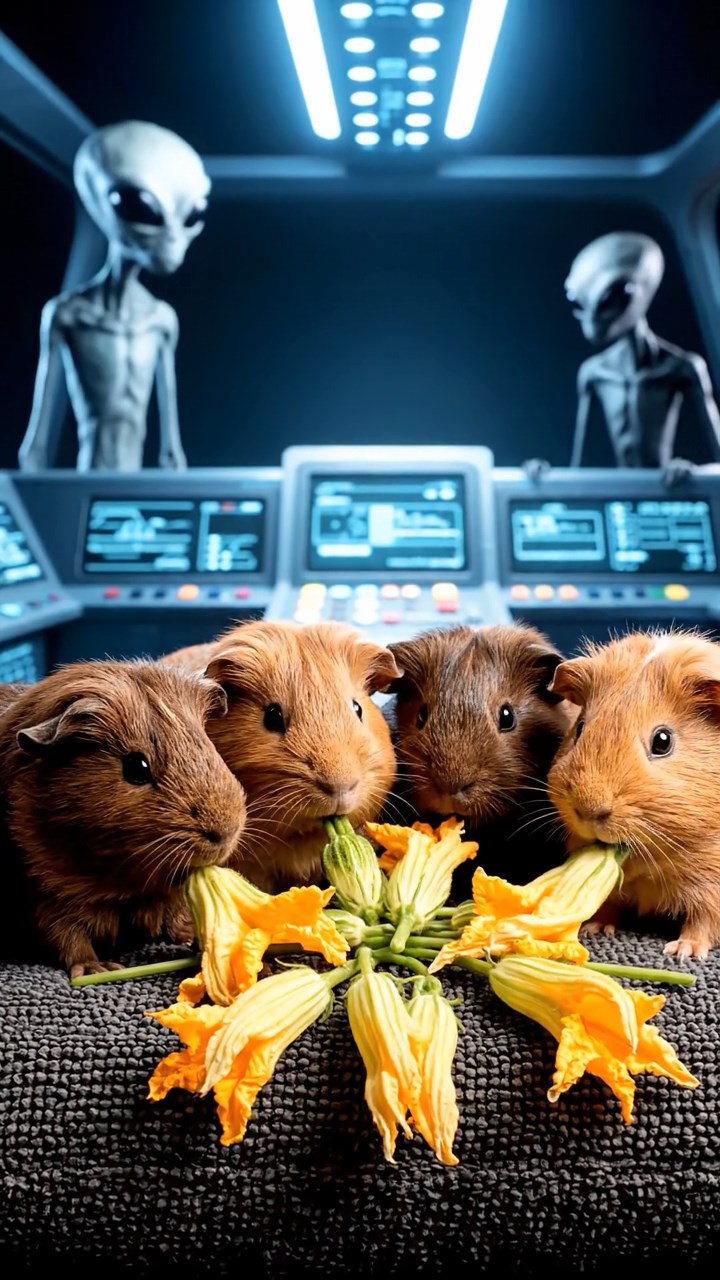 1397. Realistic scene of 5 smooth-haired Rex guinea pigs featuring chocolate, cinnamon, and sable coats, sharing zucchini flowers, inside a spaceship cockpit with aliens.