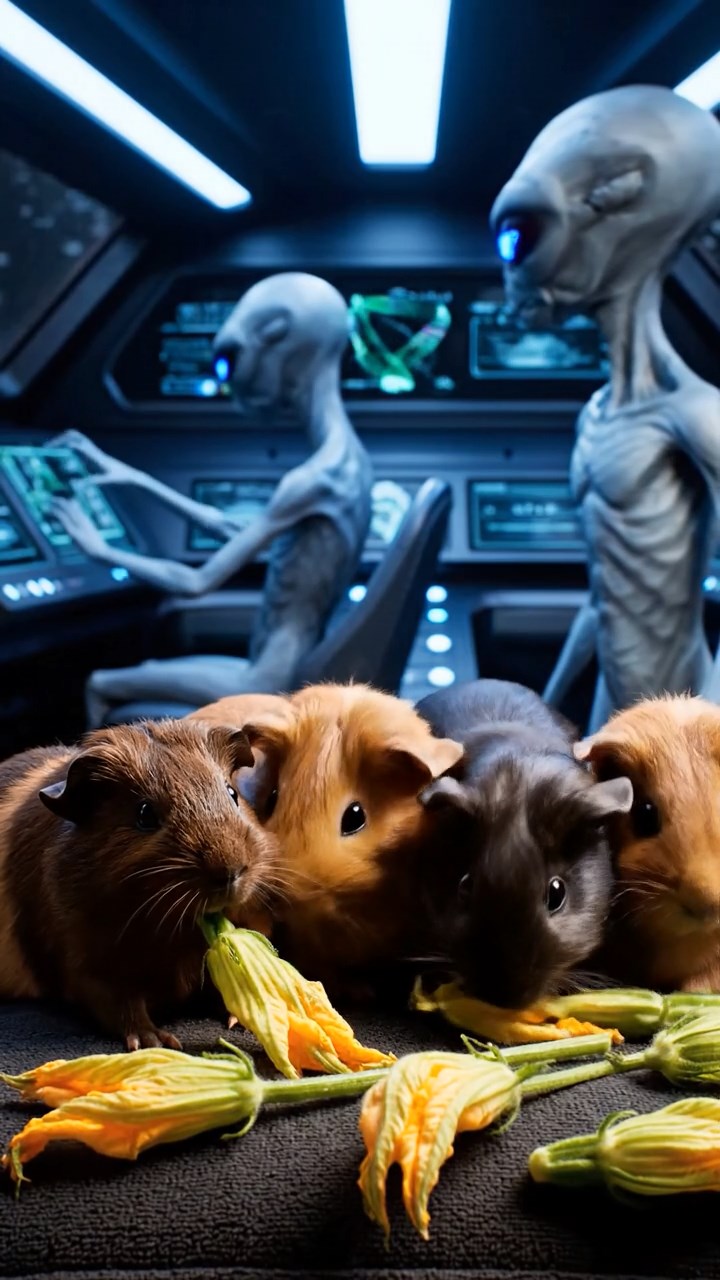 1397. Realistic scene of 5 smooth-haired Rex guinea pigs featuring chocolate, cinnamon, and sable coats, sharing zucchini flowers, inside a spaceship cockpit with aliens.