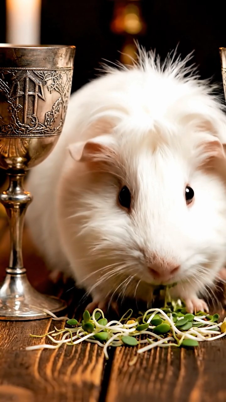 1398. Highly detailed view of 1 smooth-haired Coronet guinea pig with white fur, munching on alfalfa sprouts, at a medieval banquet table with goblets.