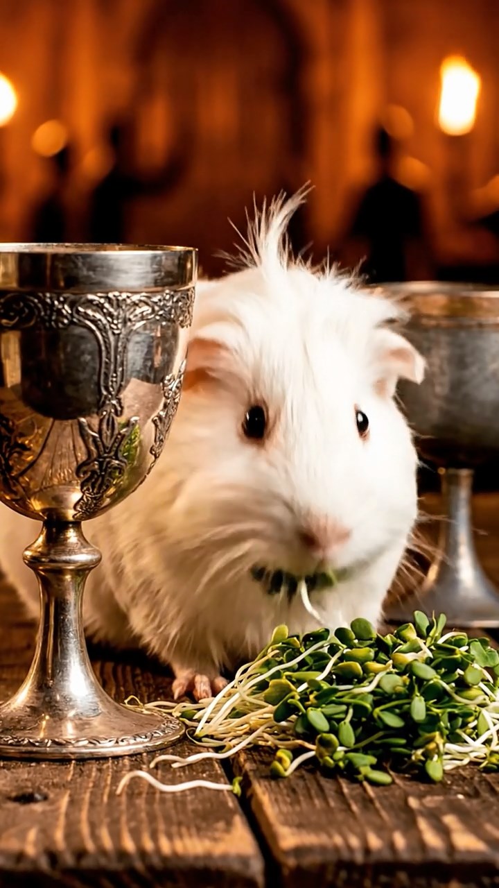 1398. Highly detailed view of 1 smooth-haired Coronet guinea pig with white fur, munching on alfalfa sprouts, at a medieval banquet table with goblets.
