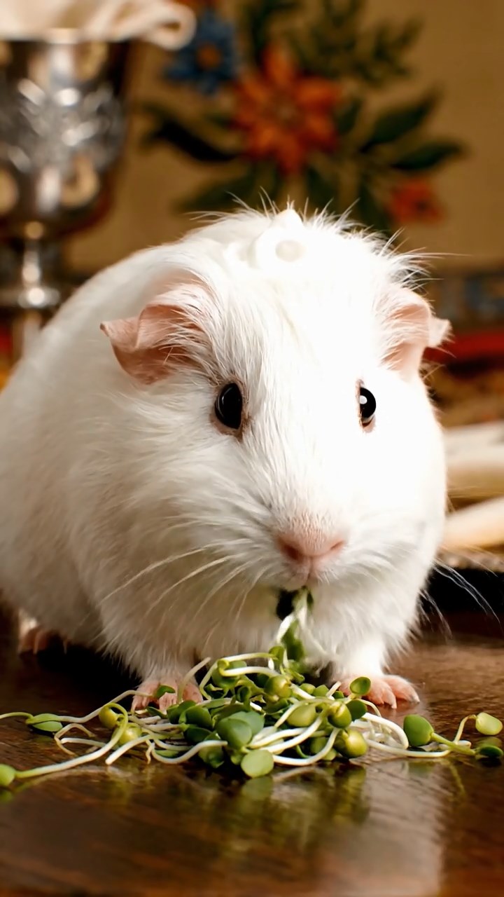 1398. Highly detailed view of 1 smooth-haired Coronet guinea pig with white fur, munching on alfalfa sprouts, at a medieval banquet table with goblets.