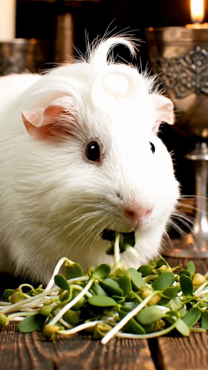 1398. Highly detailed view of 1 smooth-haired Coronet guinea pig with white fur, munching on alfalfa sprouts, at a medieval banquet table with goblets.