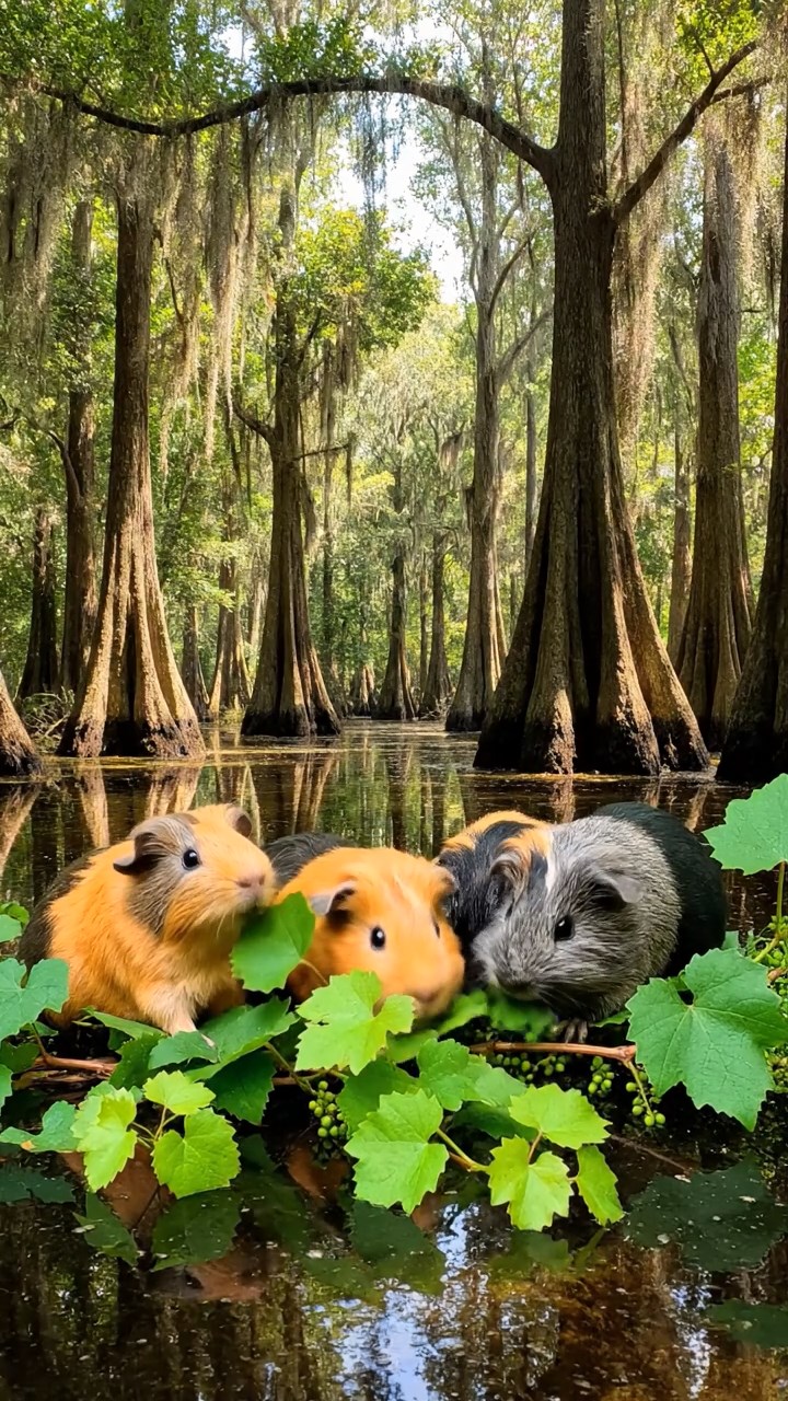 1399. Photorealistic photo of 4 smooth-haired White Crested guinea pigs with orange, gray, and black fur, eating grape vines, in a swampy bayou with cypress trees.