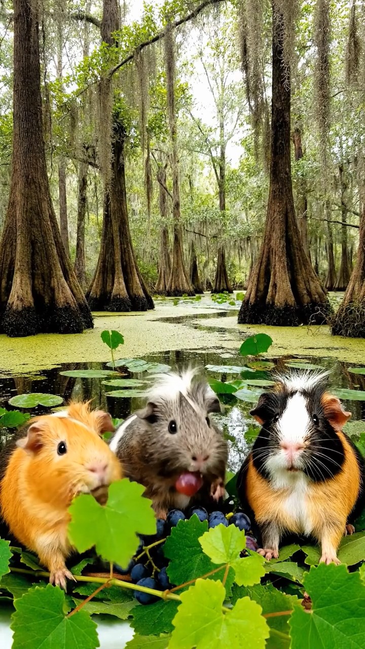 1399. Photorealistic photo of 4 smooth-haired White Crested guinea pigs with orange, gray, and black fur, eating grape vines, in a swampy bayou with cypress trees.
