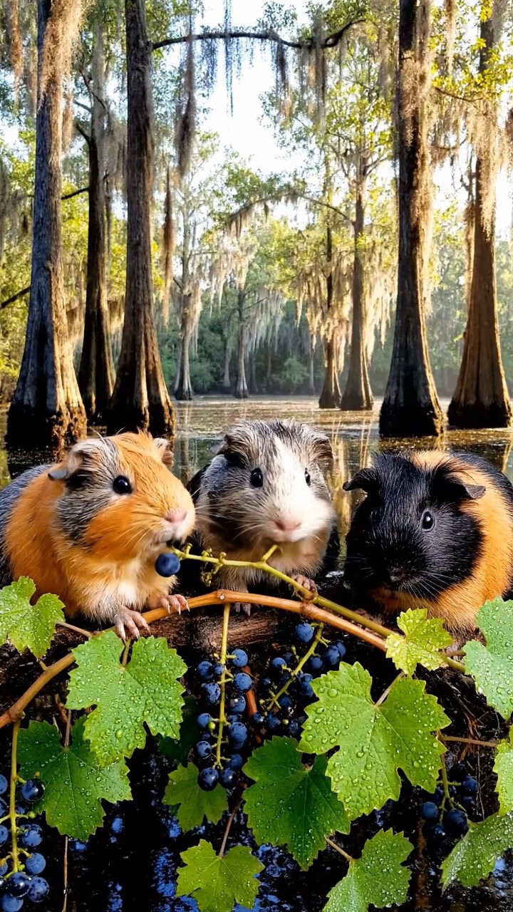 1399. Photorealistic photo of 4 smooth-haired White Crested guinea pigs with orange, gray, and black fur, eating grape vines, in a swampy bayou with cypress trees.