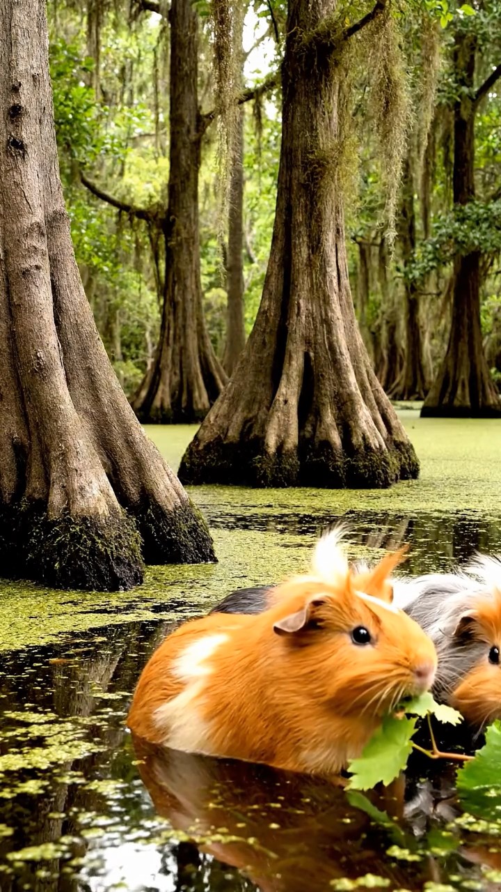 1399. Photorealistic photo of 4 smooth-haired White Crested guinea pigs with orange, gray, and black fur, eating grape vines, in a swampy bayou with cypress trees.