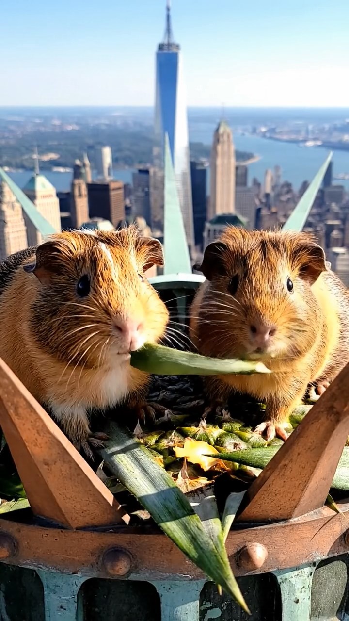 1400. Realistic depiction of 2 smooth-haired Skinny guinea pigs in brown and cream colors, nibbling on pineapple leaves, atop a famous New York monument crown with views.