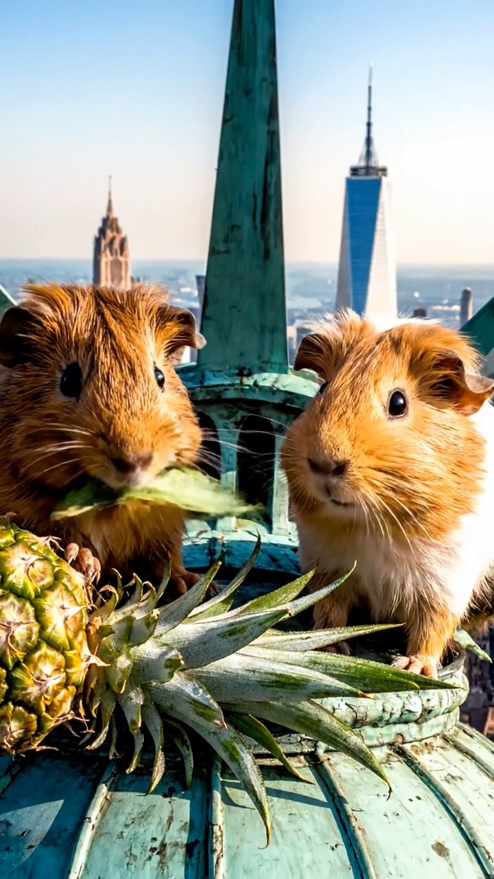 1400. Realistic depiction of 2 smooth-haired Skinny guinea pigs in brown and cream colors, nibbling on pineapple leaves, atop a famous New York monument crown with views.