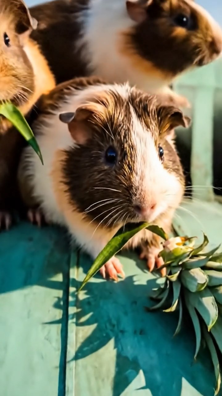 1400. Realistic depiction of 2 smooth-haired Skinny guinea pigs in brown and cream colors, nibbling on pineapple leaves, atop a famous New York monument crown with views.