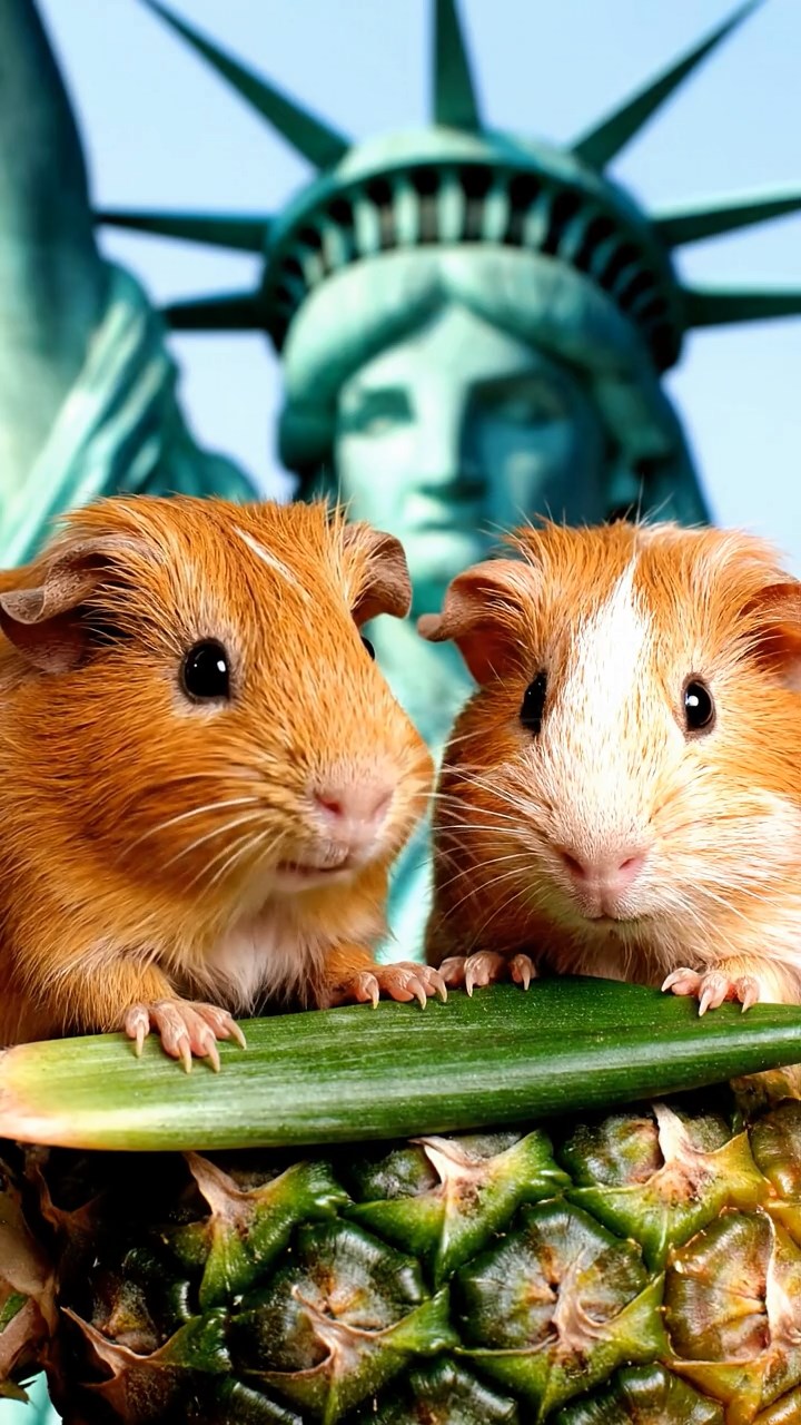 1400. Realistic depiction of 2 smooth-haired Skinny guinea pigs in brown and cream colors, nibbling on pineapple leaves, atop a famous New York monument crown with views.