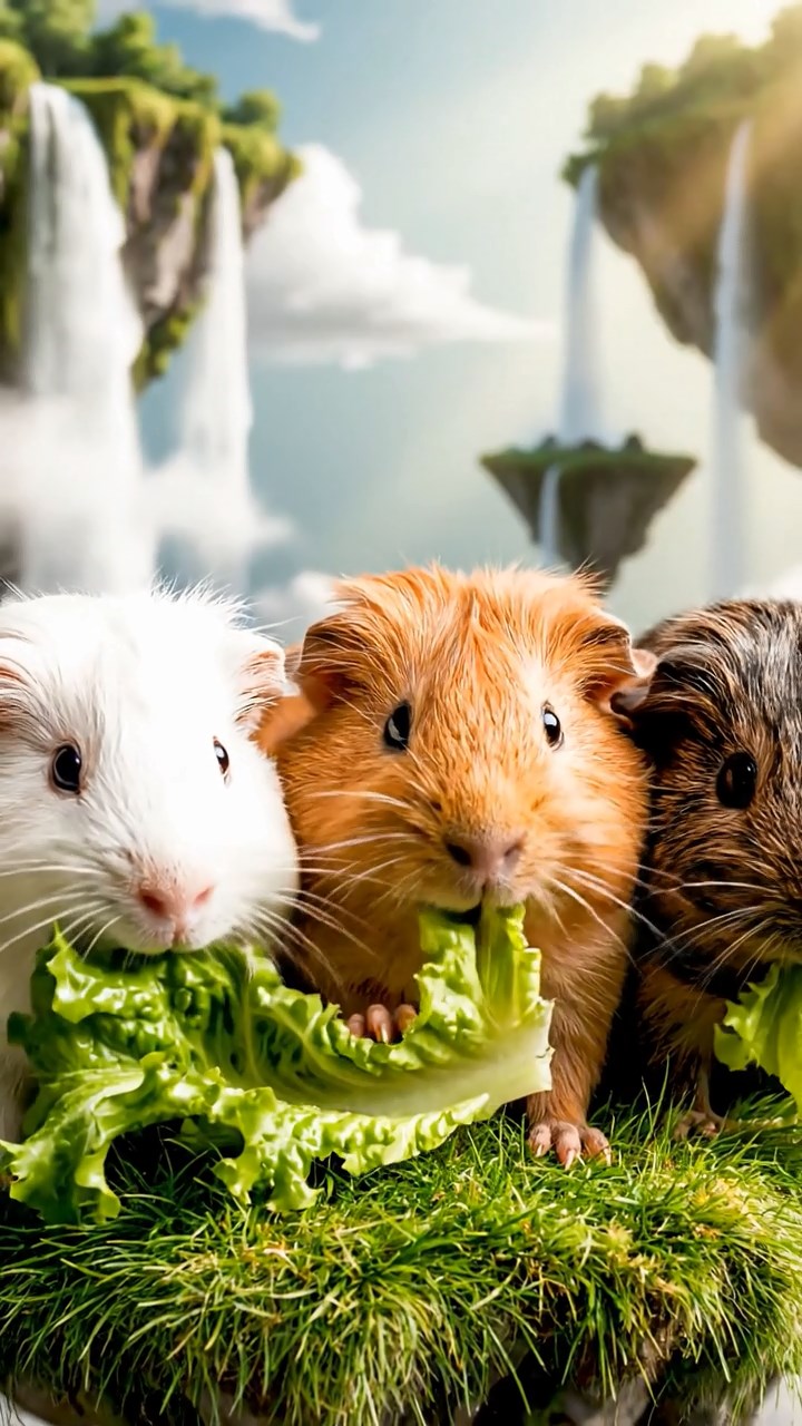1401. A realistic close-up photo of 3 smooth-haired American guinea pigs with white, orange, and gray fur, eagerly munching on fresh lettuce leaves, in a surreal floating island meadow with gravity-defying waterfalls and misty clouds under ethereal sunlight.