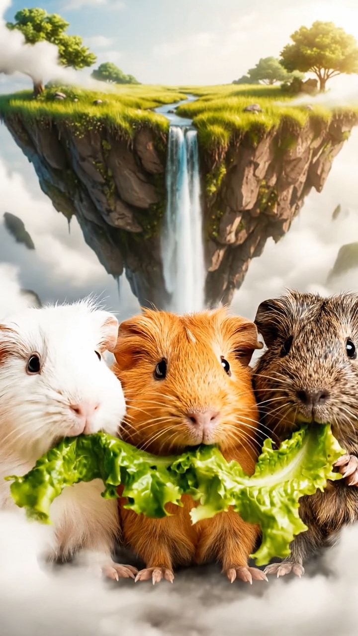 1401. A realistic close-up photo of 3 smooth-haired American guinea pigs with white, orange, and gray fur, eagerly munching on fresh lettuce leaves, in a surreal floating island meadow with gravity-defying waterfalls and misty clouds under ethereal sunlight.