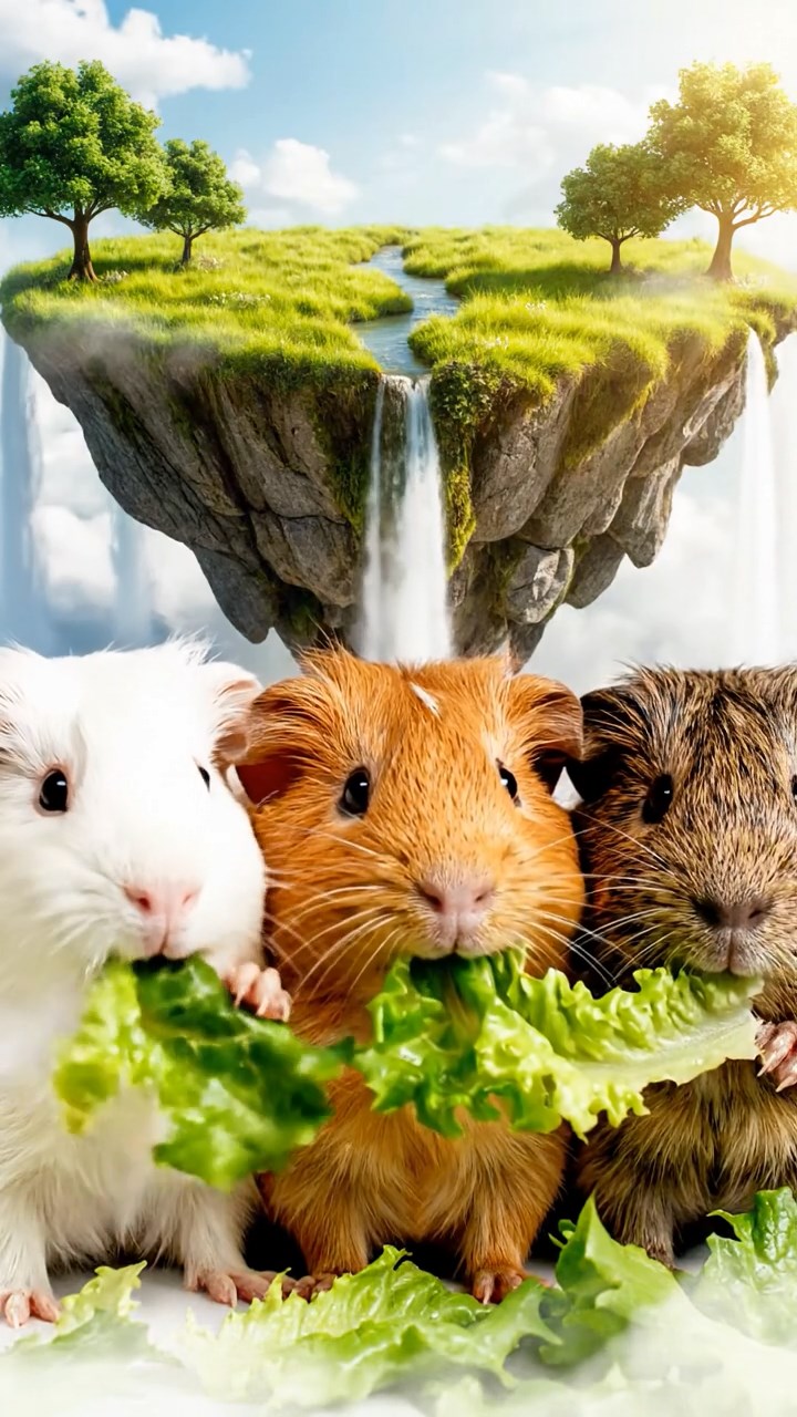 1401. A realistic close-up photo of 3 smooth-haired American guinea pigs with white, orange, and gray fur, eagerly munching on fresh lettuce leaves, in a surreal floating island meadow with gravity-defying waterfalls and misty clouds under ethereal sunlight.