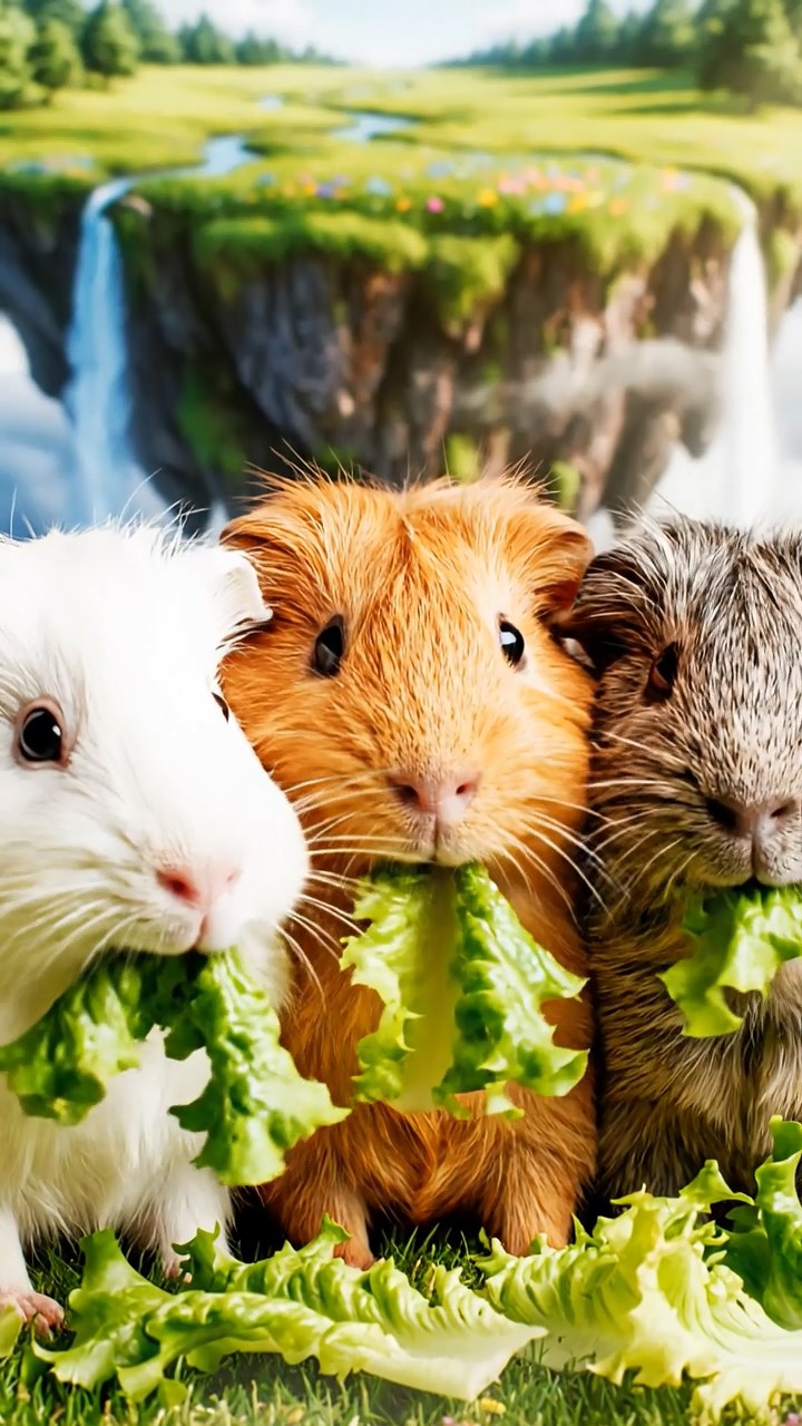 1401. A realistic close-up photo of 3 smooth-haired American guinea pigs with white, orange, and gray fur, eagerly munching on fresh lettuce leaves, in a surreal floating island meadow with gravity-defying waterfalls and misty clouds under ethereal sunlight.