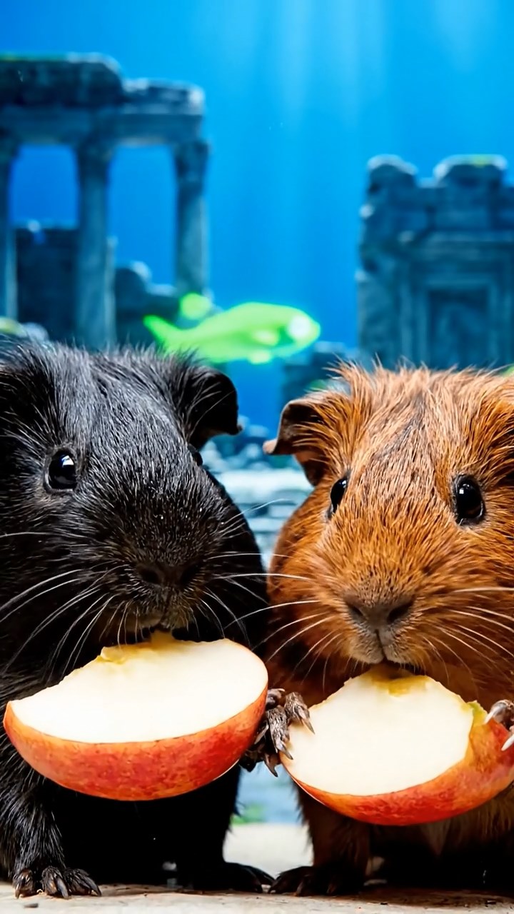 1402. Highly detailed realistic image of 2 smooth-haired Abyssinian guinea pigs featuring black and brown coats, nibbling on apple slices, on a ancient sunken Atlantis plaza with marble ruins and bioluminescent fish swimming around.