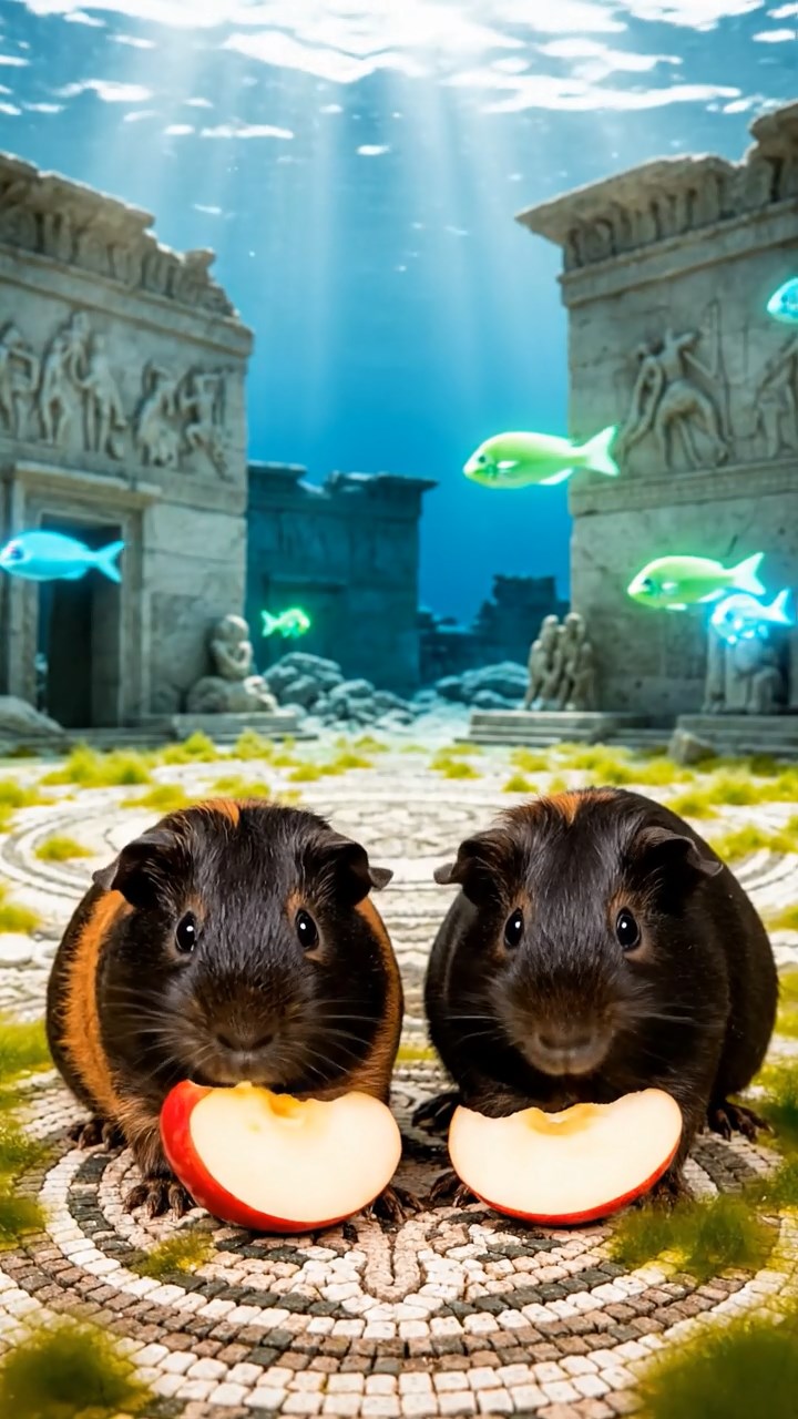 1402. Highly detailed realistic image of 2 smooth-haired Abyssinian guinea pigs featuring black and brown coats, nibbling on apple slices, on a ancient sunken Atlantis plaza with marble ruins and bioluminescent fish swimming around.