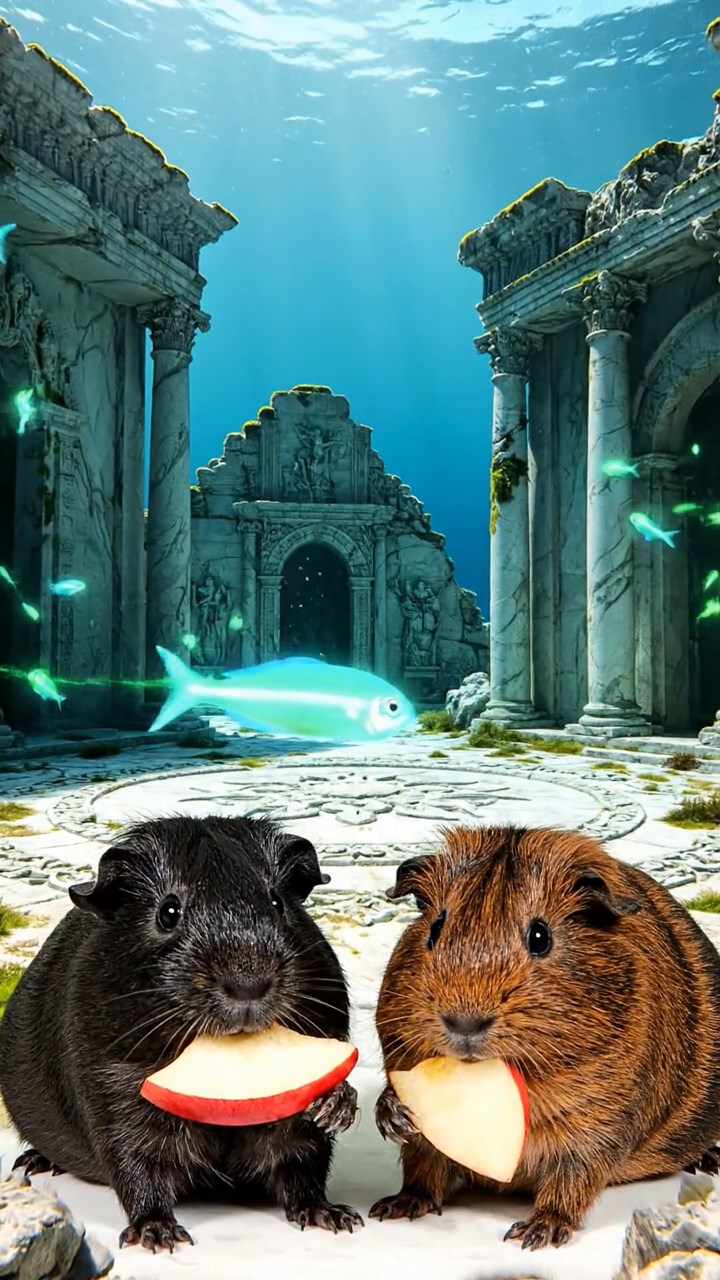 1402. Highly detailed realistic image of 2 smooth-haired Abyssinian guinea pigs featuring black and brown coats, nibbling on apple slices, on a ancient sunken Atlantis plaza with marble ruins and bioluminescent fish swimming around.