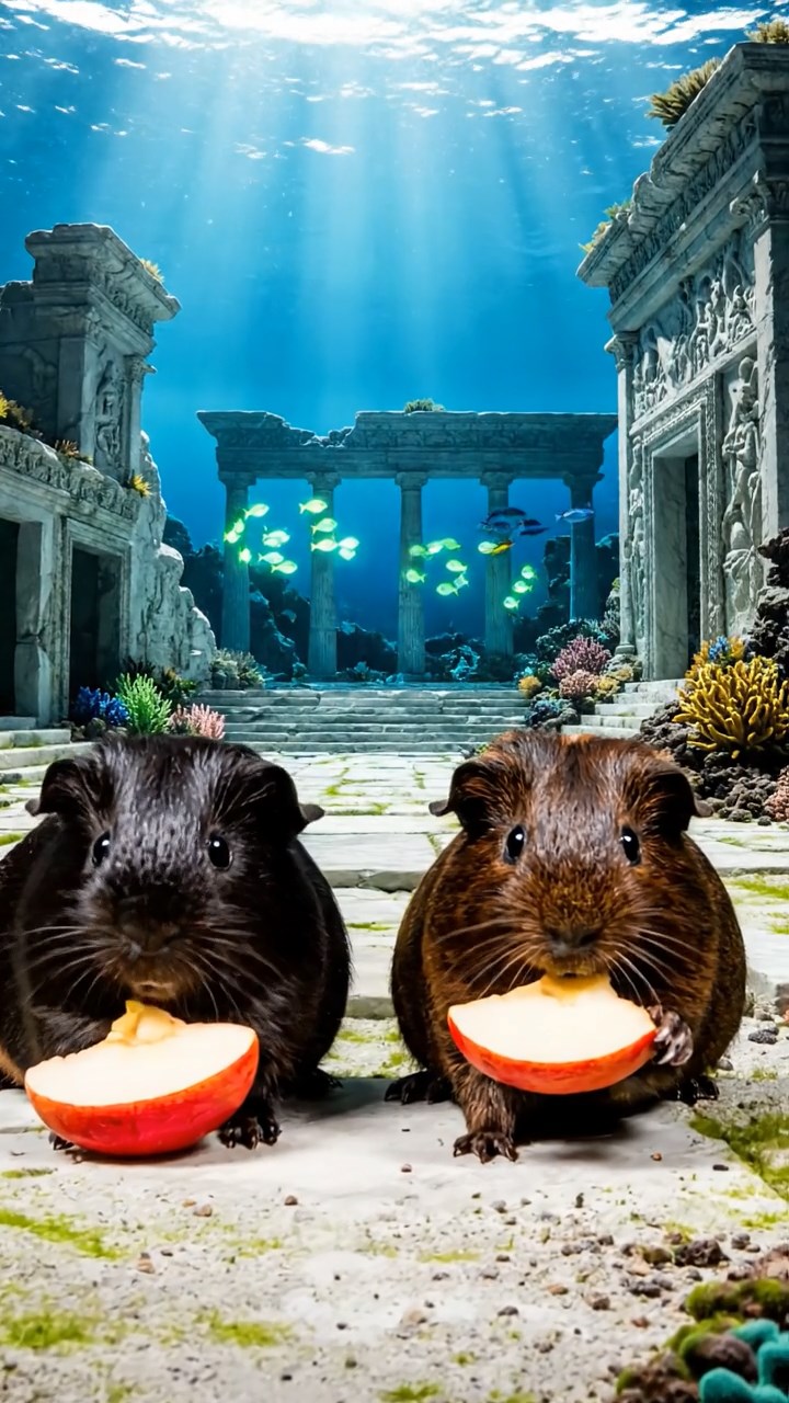 1402. Highly detailed realistic image of 2 smooth-haired Abyssinian guinea pigs featuring black and brown coats, nibbling on apple slices, on a ancient sunken Atlantis plaza with marble ruins and bioluminescent fish swimming around.