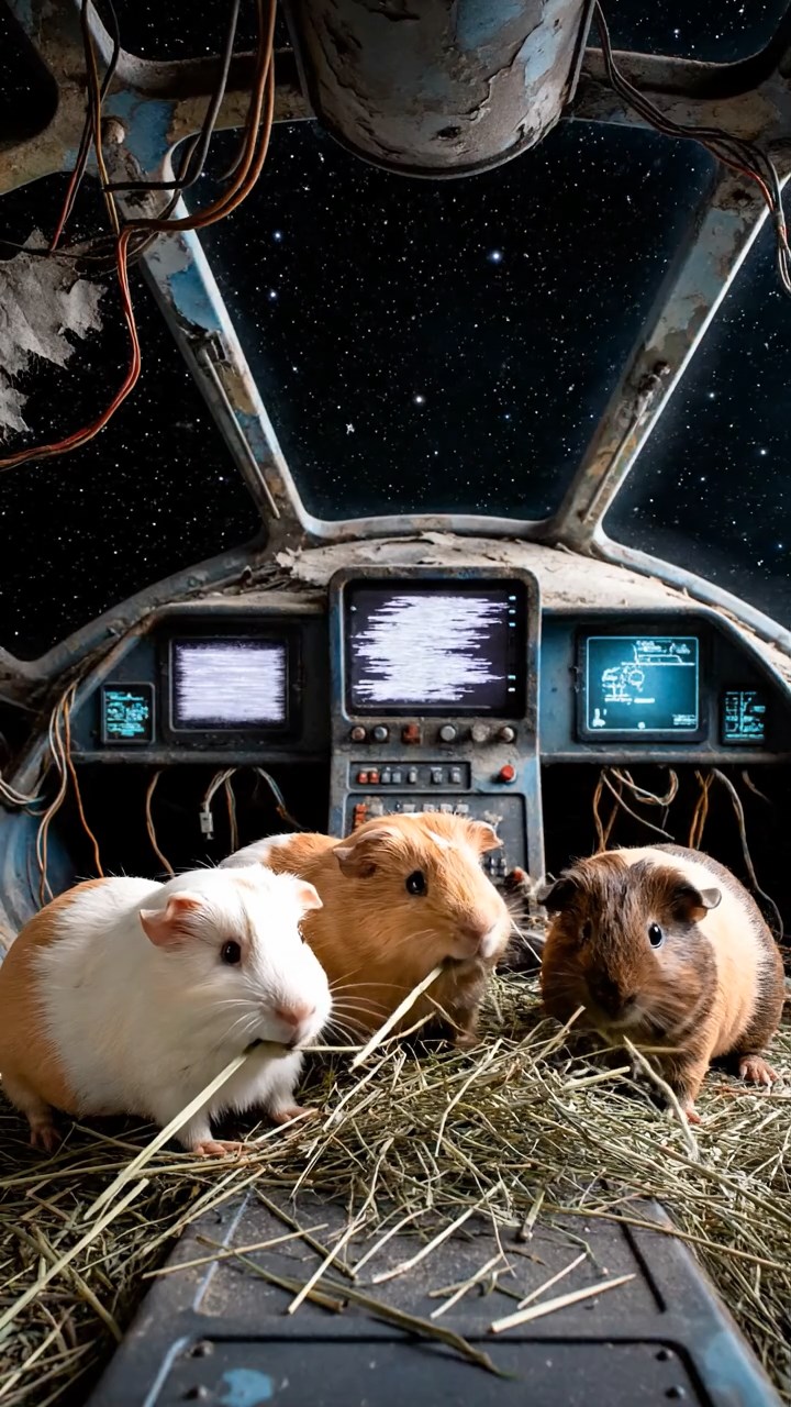 1403. Photorealistic scene of 4 smooth-haired Peruvian guinea pigs with cream, fawn, and chocolate fur, eating dried timothy hay, inside a derelict spaceship cockpit with flickering screens and starry void outside.