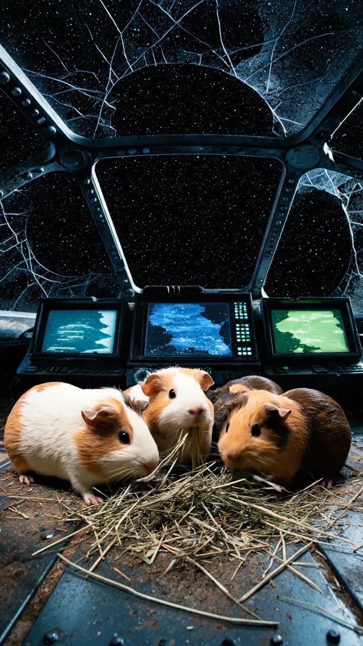 1403. Photorealistic scene of 4 smooth-haired Peruvian guinea pigs with cream, fawn, and chocolate fur, eating dried timothy hay, inside a derelict spaceship cockpit with flickering screens and starry void outside.