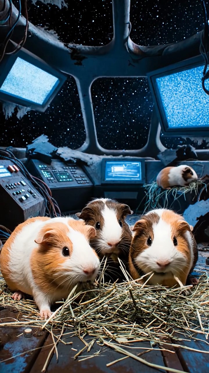 1403. Photorealistic scene of 4 smooth-haired Peruvian guinea pigs with cream, fawn, and chocolate fur, eating dried timothy hay, inside a derelict spaceship cockpit with flickering screens and starry void outside.