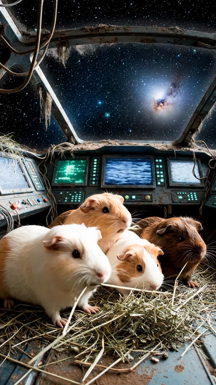 1403. Photorealistic scene of 4 smooth-haired Peruvian guinea pigs with cream, fawn, and chocolate fur, eating dried timothy hay, inside a derelict spaceship cockpit with flickering screens and starry void outside.