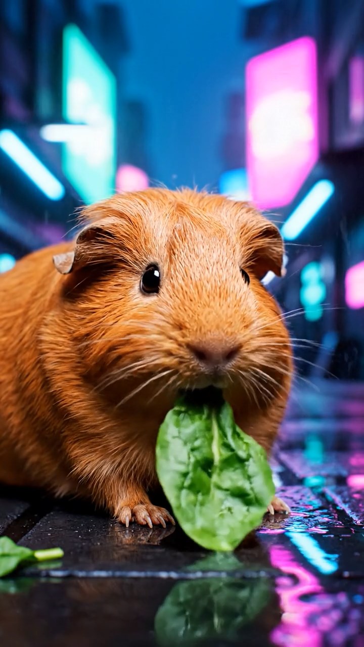 1404. Realistic depiction of 1 smooth-haired Silkie guinea pig with cinnamon fur, chewing on spinach leaves, in a neon-lit cyberpunk alley with holographic ads and rain-slicked pavement.