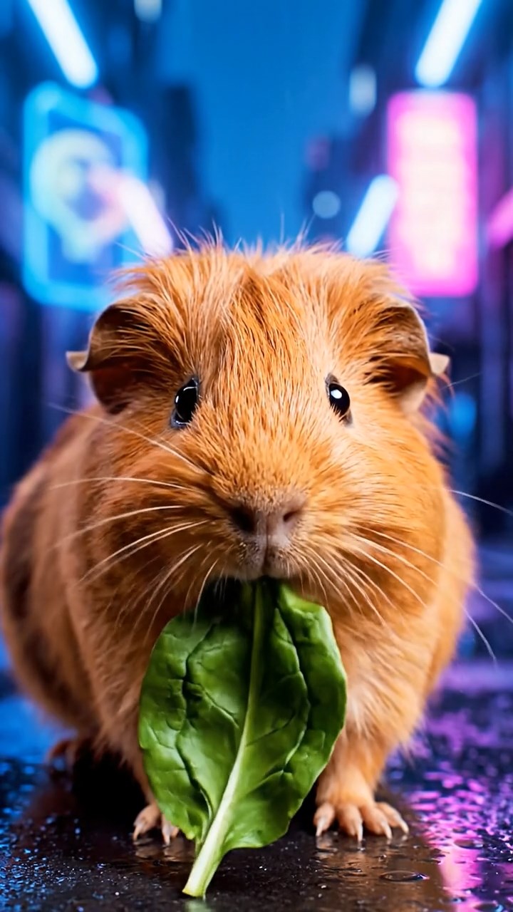 1404. Realistic depiction of 1 smooth-haired Silkie guinea pig with cinnamon fur, chewing on spinach leaves, in a neon-lit cyberpunk alley with holographic ads and rain-slicked pavement.