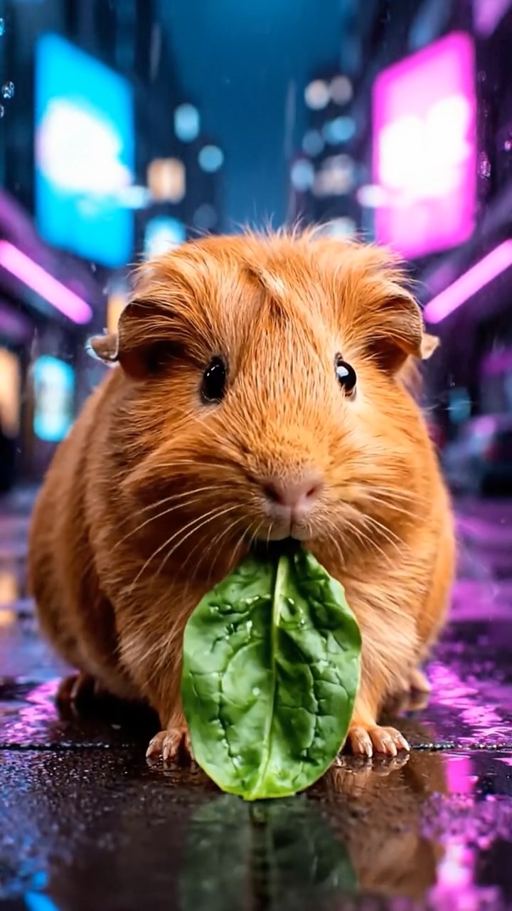 1404. Realistic depiction of 1 smooth-haired Silkie guinea pig with cinnamon fur, chewing on spinach leaves, in a neon-lit cyberpunk alley with holographic ads and rain-slicked pavement.
