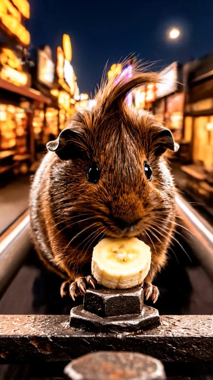 864. Realistic scene of 4 smooth-haired Californian guinea pigs with Fawn, Chocolate, Cinnamon, and Sable fur, dressed as firefighters in tiny uniforms, training with miniature hoses in a guinea pig village with hay houses, under glowing streetlights, capturing a heroic, lifelike moment.