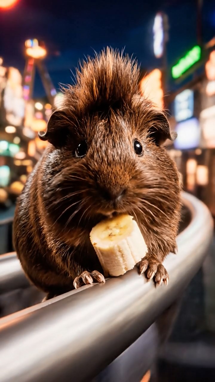 864. Realistic scene of 4 smooth-haired Californian guinea pigs with Fawn, Chocolate, Cinnamon, and Sable fur, dressed as firefighters in tiny uniforms, training with miniature hoses in a guinea pig village with hay houses, under glowing streetlights, capturing a heroic, lifelike moment.