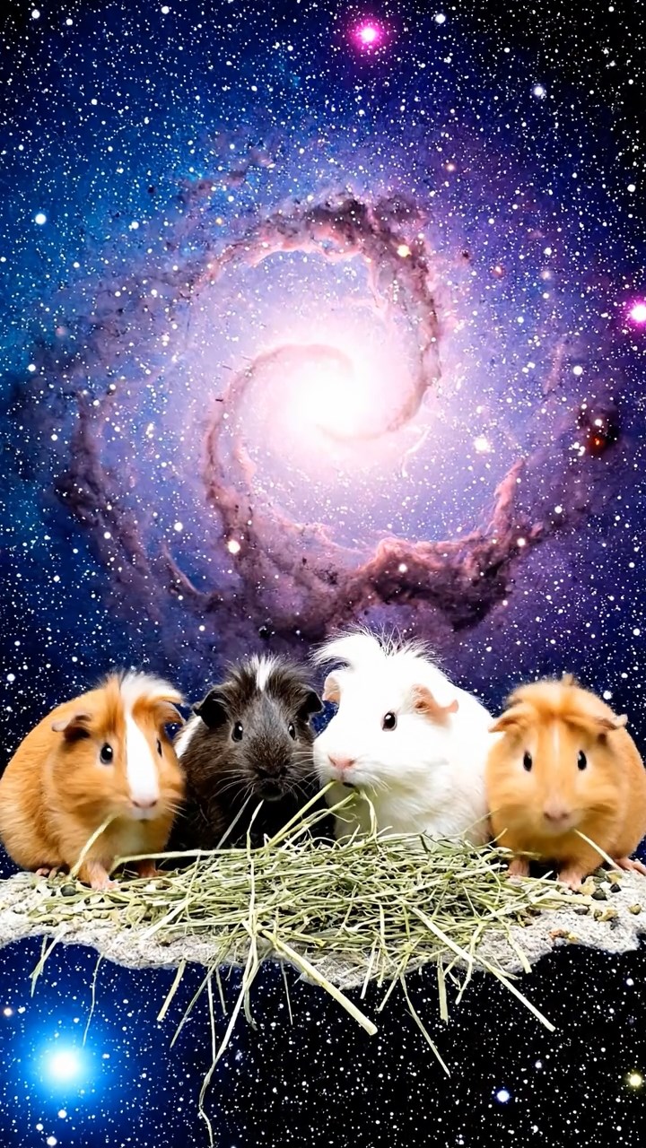 864. Realistic scene of 4 smooth-haired Californian guinea pigs with Fawn, Chocolate, Cinnamon, and Sable fur, dressed as firefighters in tiny uniforms, training with miniature hoses in a guinea pig village with hay houses, under glowing streetlights, capturing a heroic, lifelike moment.