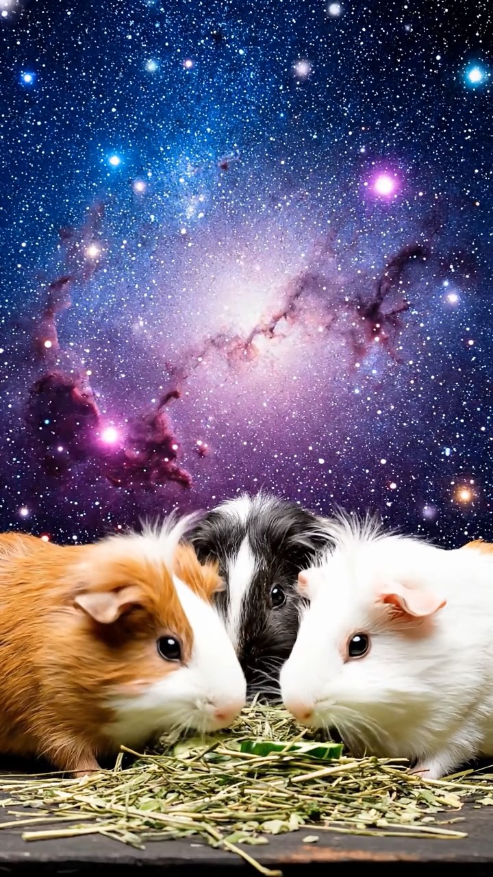 864. Realistic scene of 4 smooth-haired Californian guinea pigs with Fawn, Chocolate, Cinnamon, and Sable fur, dressed as firefighters in tiny uniforms, training with miniature hoses in a guinea pig village with hay houses, under glowing streetlights, capturing a heroic, lifelike moment.