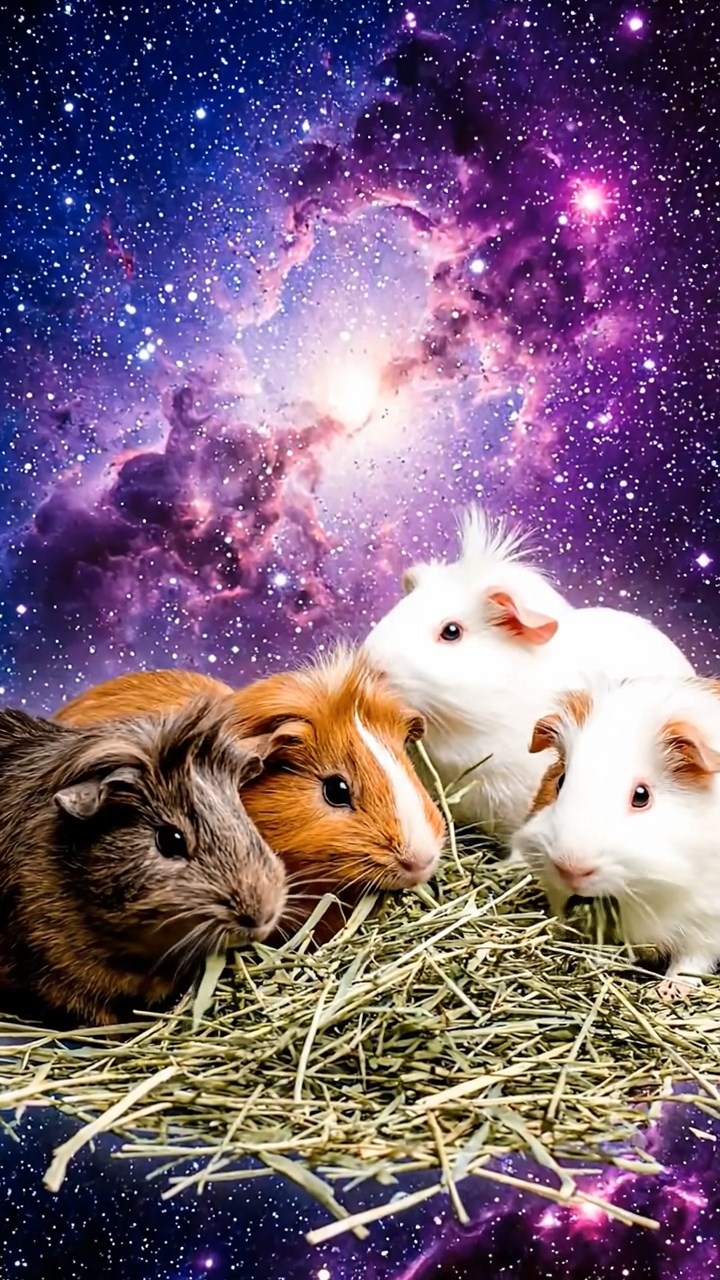 865. Detailed photo of 5 smooth-haired American guinea pigs with White, Orange, Gray, Black, and Brown fur, foraging for clover in a lush meadow with wildflowers and a trickling stream, under soft morning light, creating a realistic, serene pastoral scene.