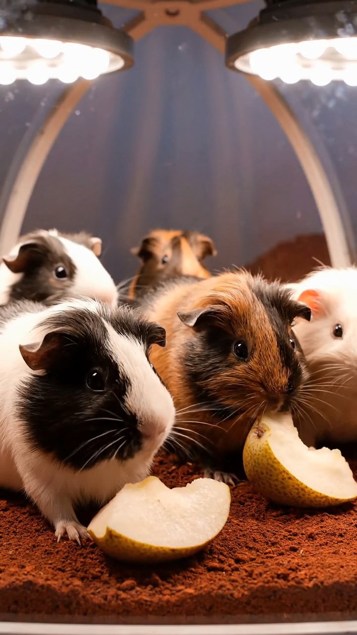865. Detailed photo of 5 smooth-haired American guinea pigs with White, Orange, Gray, Black, and Brown fur, foraging for clover in a lush meadow with wildflowers and a trickling stream, under soft morning light, creating a realistic, serene pastoral scene.