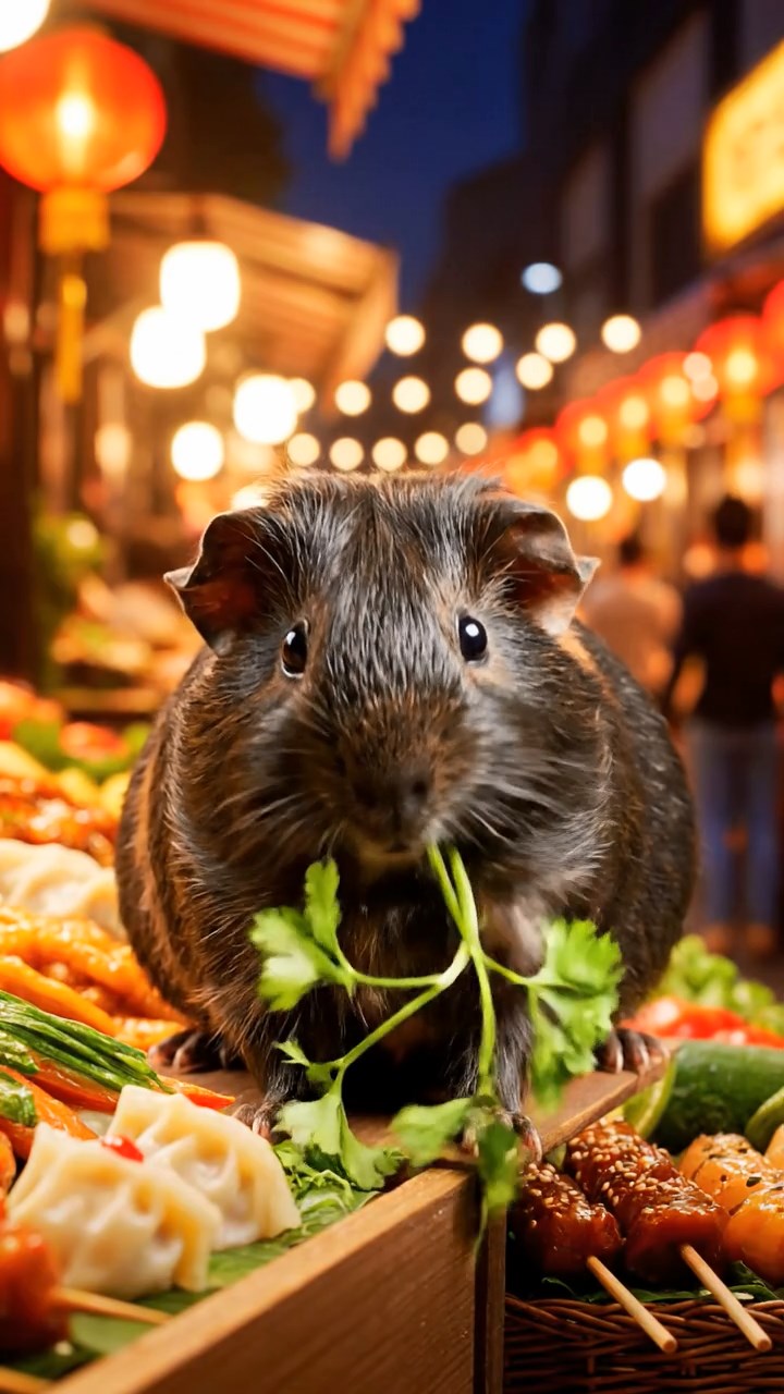 866. Photorealistic scene of 1 smooth-haired Teddy guinea pig with Cream fur, drinking from a clear stream, on a forested slope with pine needles and moss, under dappled sunlight, capturing a serene, lifelike moment of natural hydration.