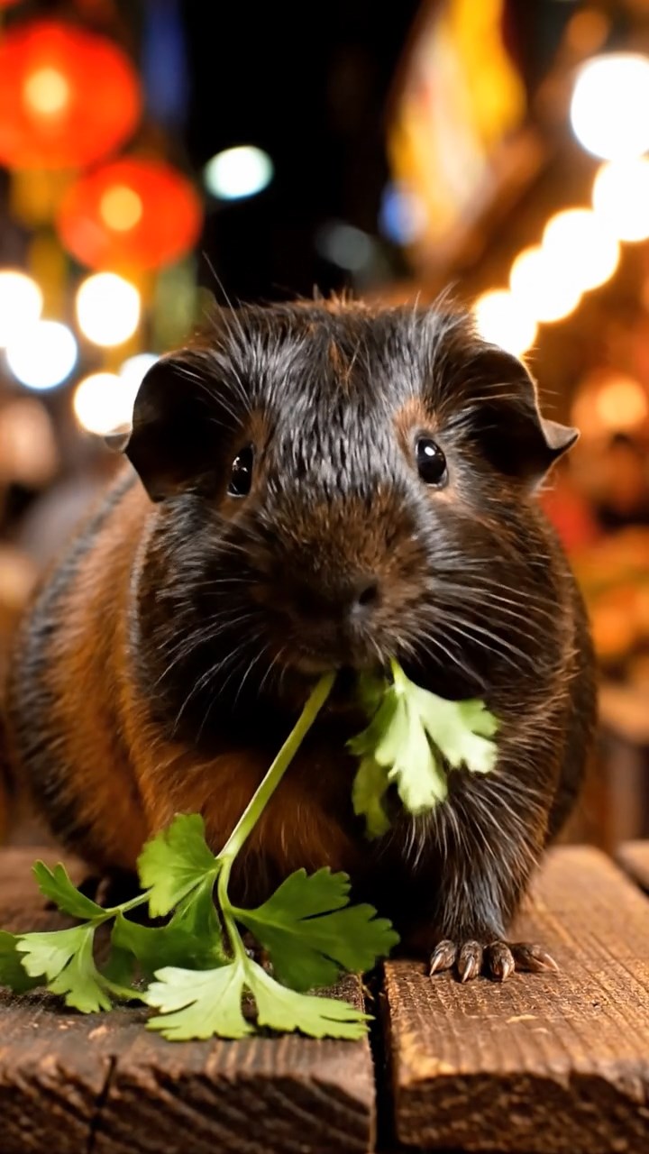 867. Highly detailed view of 2 smooth-haired Himalayan guinea pigs with Fawn and Sable fur, dressed as musicians in tiny vests, playing miniature drums in a guinea pig concert hall with hay seats and velvet curtains, under warm spotlights, creating a realistic, elegant scene.