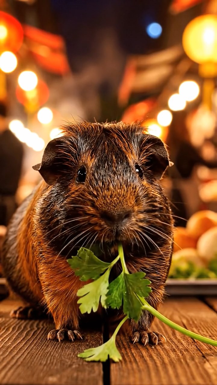 867. Highly detailed view of 2 smooth-haired Himalayan guinea pigs with Fawn and Sable fur, dressed as musicians in tiny vests, playing miniature drums in a guinea pig concert hall with hay seats and velvet curtains, under warm spotlights, creating a realistic, elegant scene.