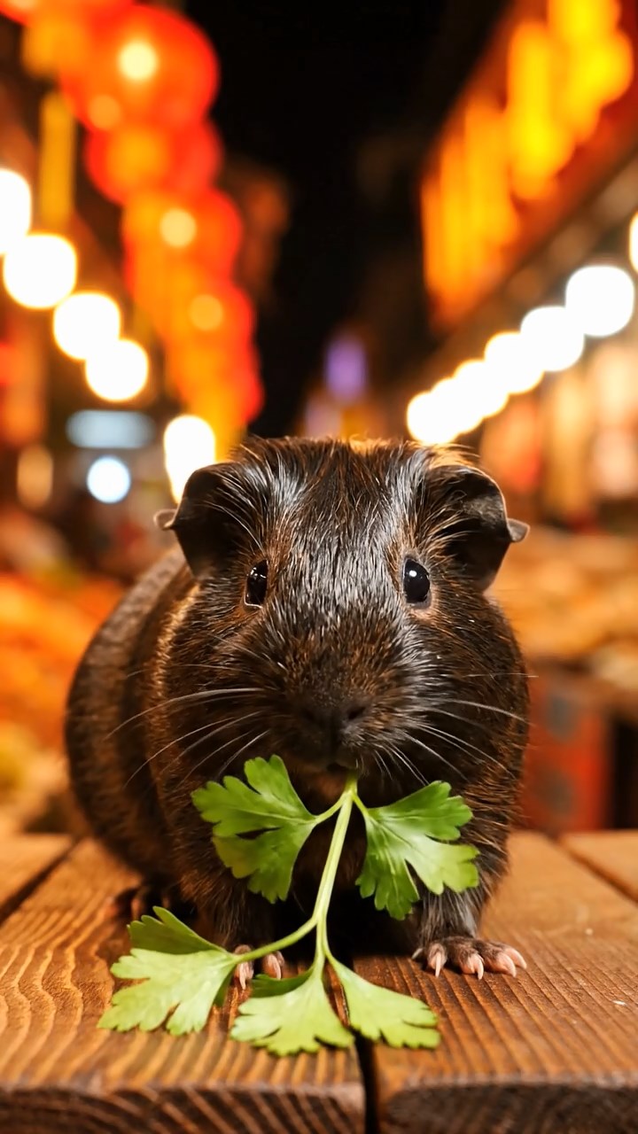 867. Highly detailed view of 2 smooth-haired Himalayan guinea pigs with Fawn and Sable fur, dressed as musicians in tiny vests, playing miniature drums in a guinea pig concert hall with hay seats and velvet curtains, under warm spotlights, creating a realistic, elegant scene.
