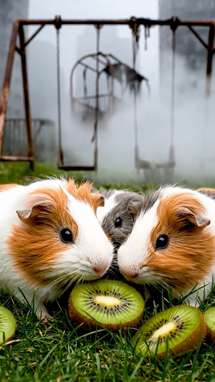 867. Highly detailed view of 2 smooth-haired Himalayan guinea pigs with Fawn and Sable fur, dressed as musicians in tiny vests, playing miniature drums in a guinea pig concert hall with hay seats and velvet curtains, under warm spotlights, creating a realistic, elegant scene.